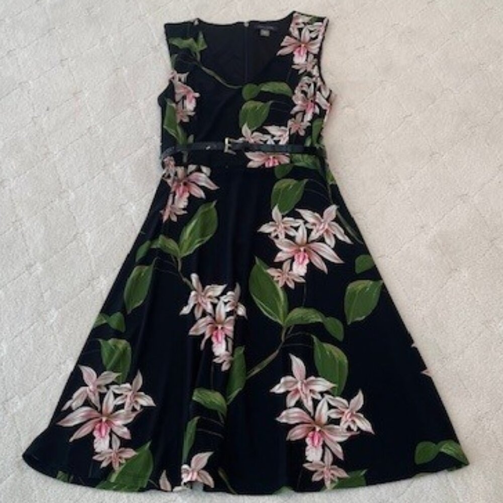 Tommy Hilfiger Black Pink Floral Fit & Flare Sleeveless V-neck Belted Dress Sz 6